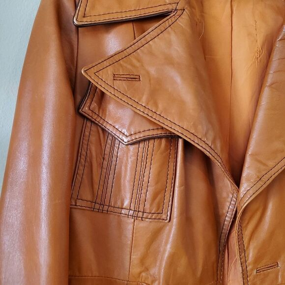 Vintage Women's Brown Leather Knee Length Coat Trench Cowgirl Western Rodeo - Picture 5 of 11